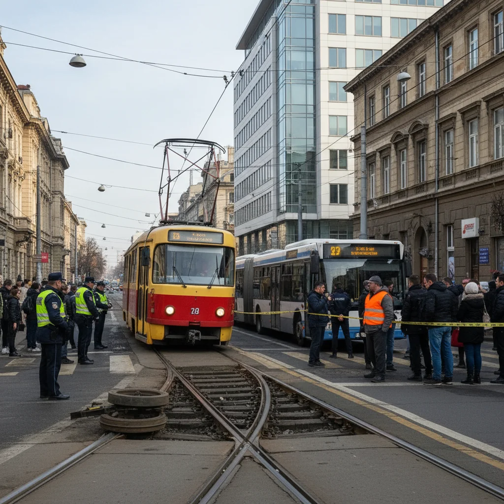 circulația liniilor 14 și 55, complet blocată din cauza șinei distruse