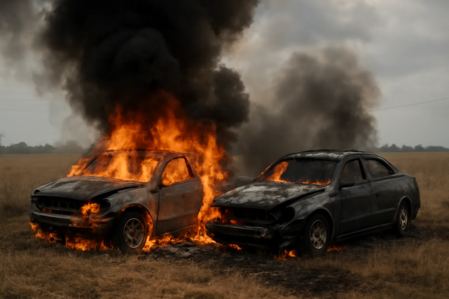 Două mașini în flăcări pe câmp după accident grav spre București