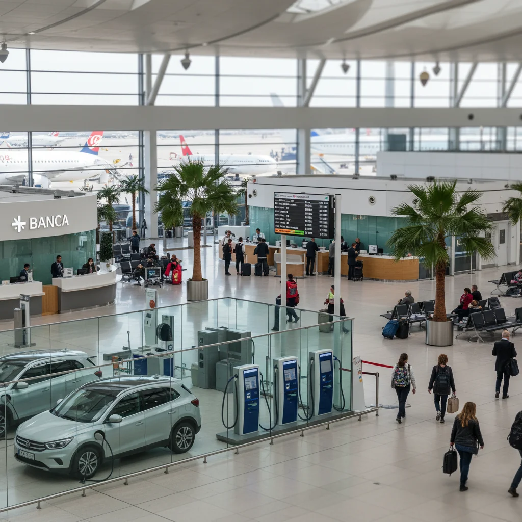 FOTO | Aeroportul Otopeni va avea 7 puncte de încărcare pentru mașini electrice, bancomate, case de schimb valutar și servicii bancare noi, după licitația organizată de CNAB
