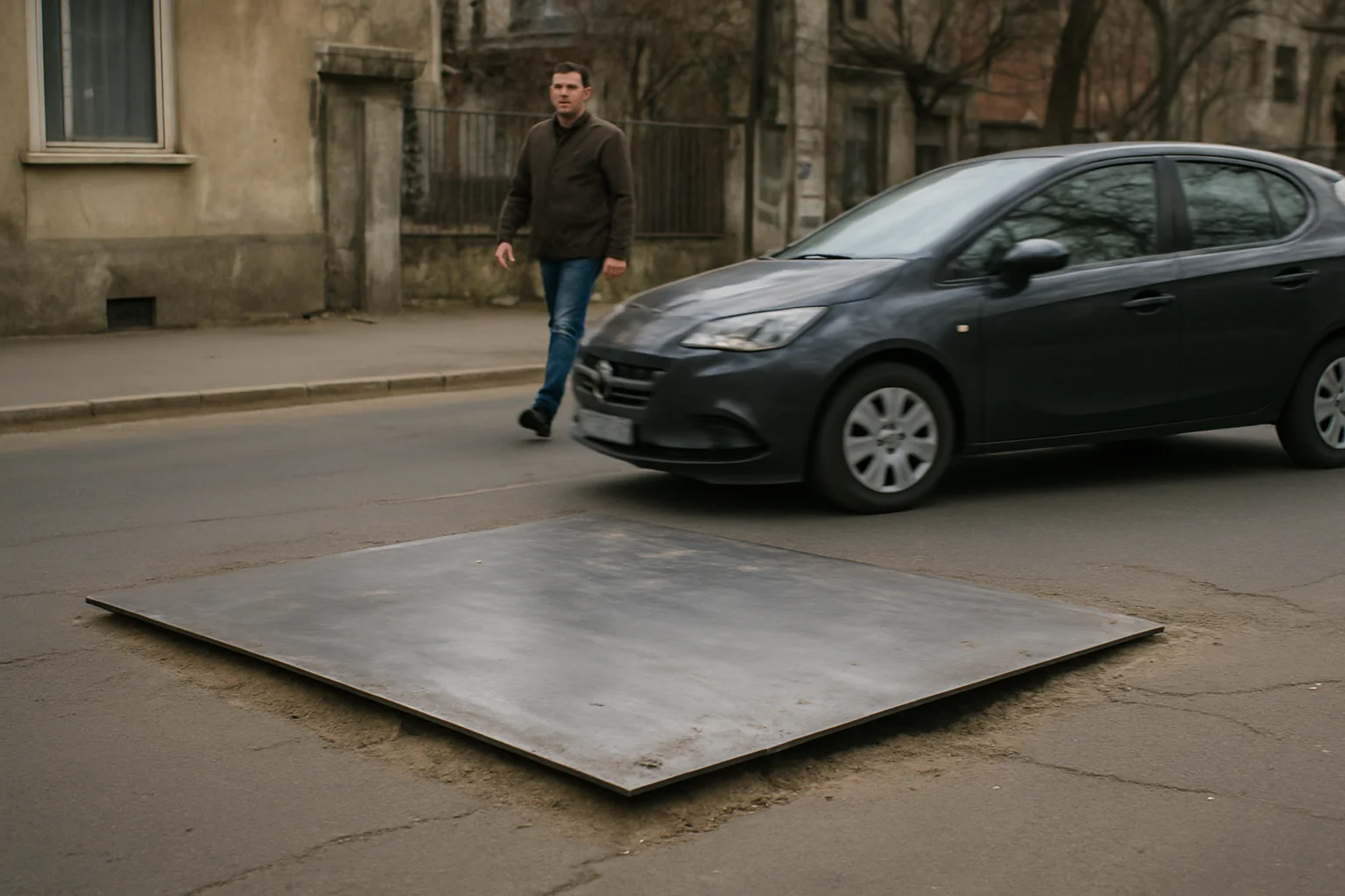 Groapă uriașă acoperită cu placă metalică în București