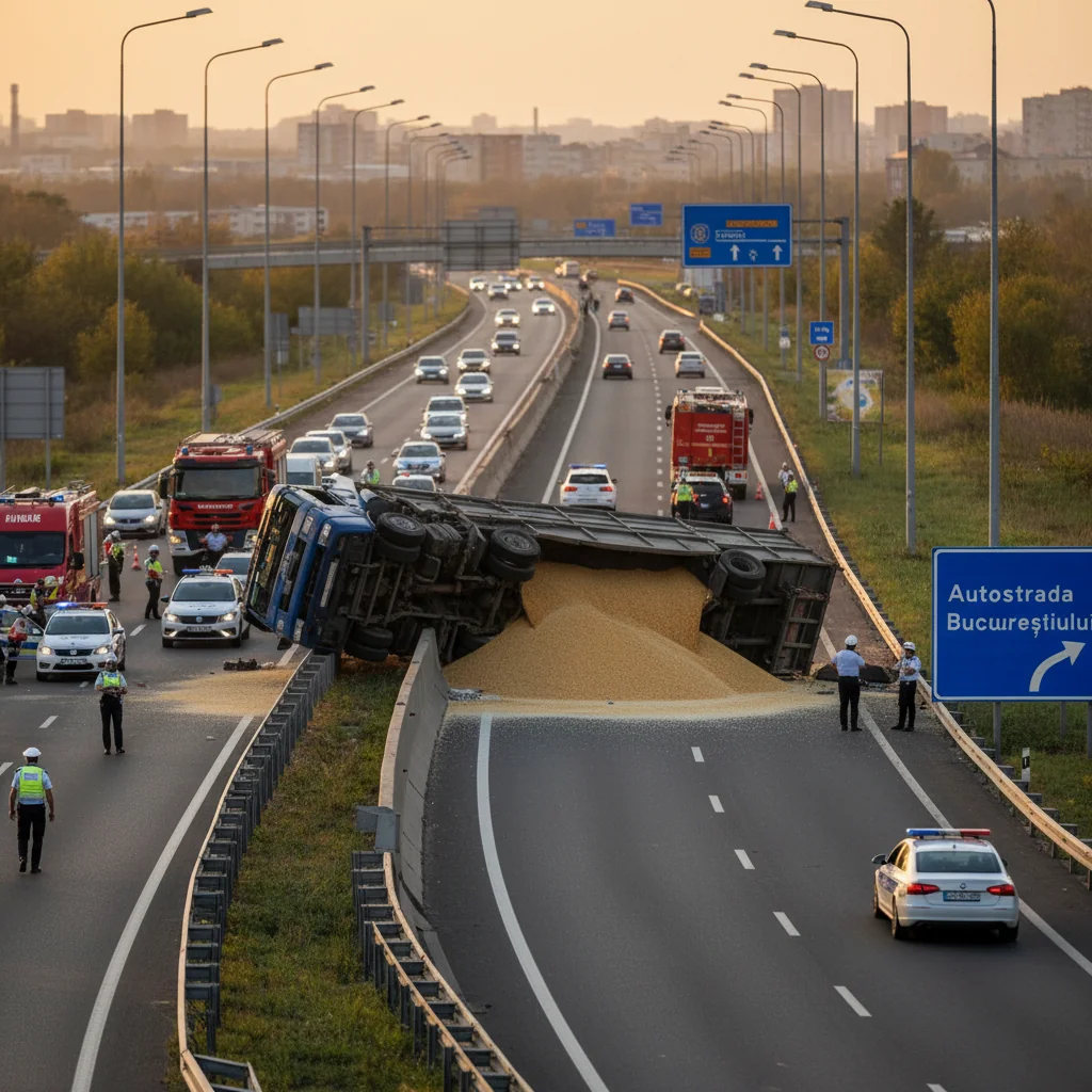 TIR cu cereale blochează urcarea pe A0 după accident la Jilava