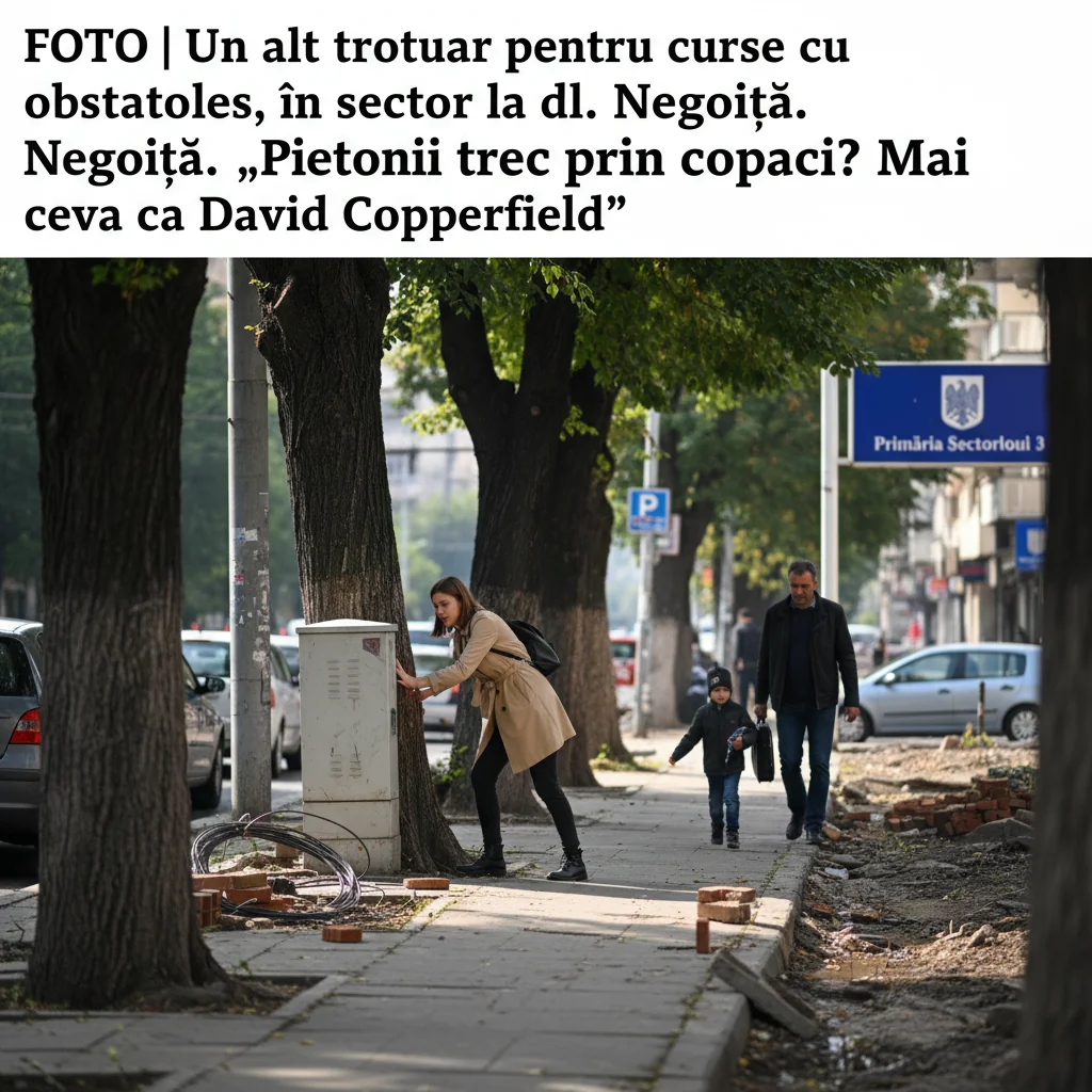 Trotuar cu obstacole în sectorul lui Negoiță îngreunează trecerea pietonilor