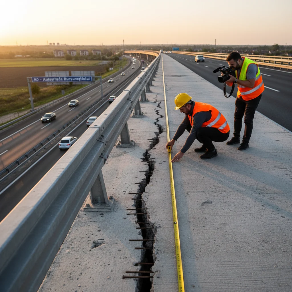 VIDEO | Podul din Berceni peste A0, inaugurat acum doi ani, prezintă fisuri semnificative de aproximativ 20 cm pe întreaga structură